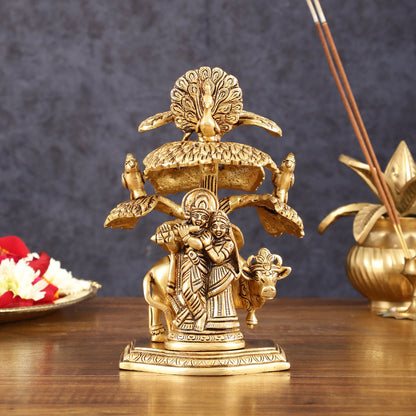 Pure Brass Radha Krishna with Cow Under Tree Idol - 7" Height