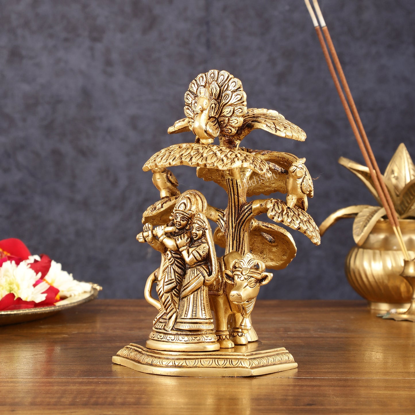 Pure Brass Radha Krishna with Cow Under Tree Idol - 7" Height