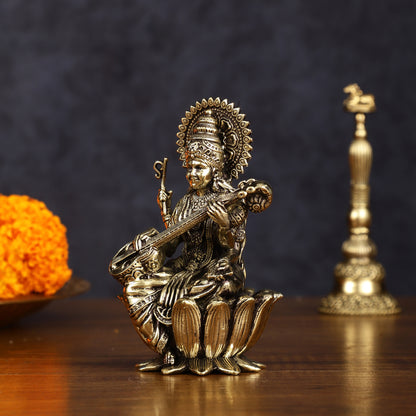 Brass Superfine Saraswati Idol - 4 Inch