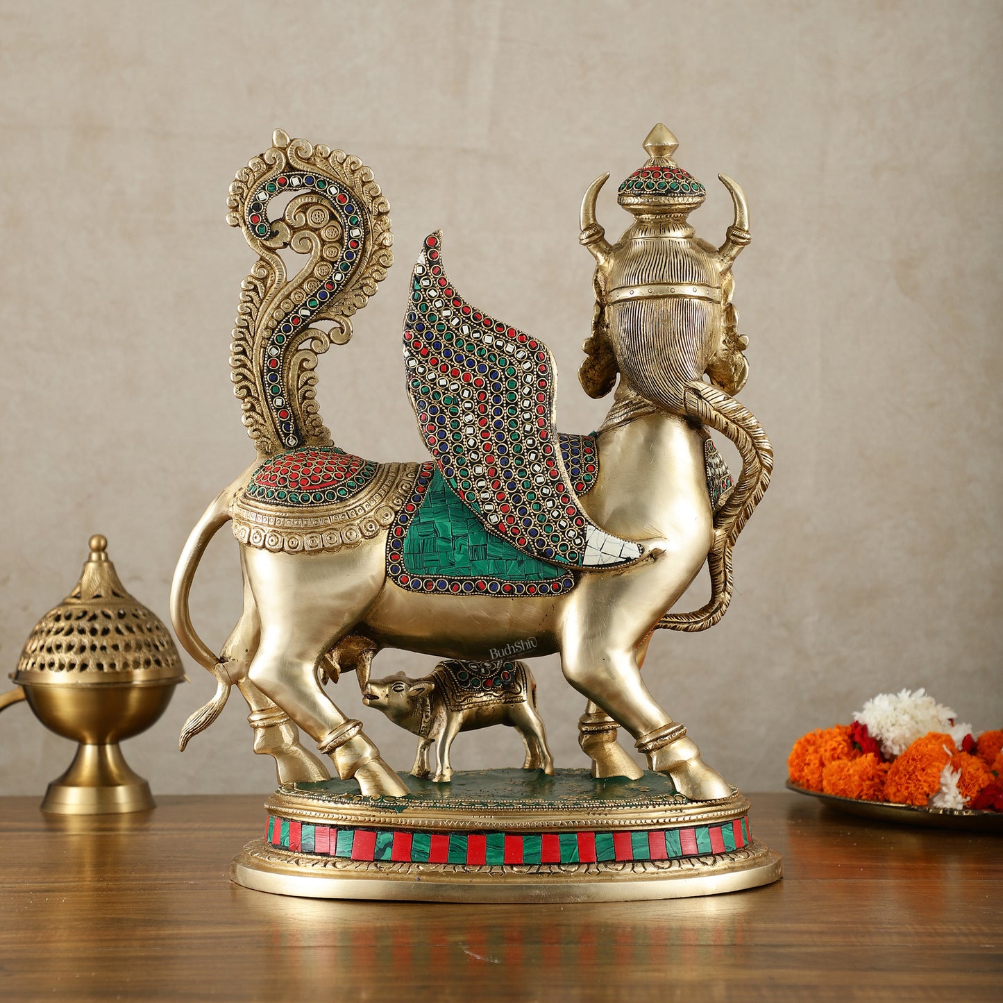 Exquisite Brass Bright Kamdhenu Cow with calf  Statue | 16.5"