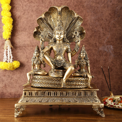 Majestic Superfine Brass Vishnu with Bhudevi and Sridevi Sitting Under Sheshanaaga - 20.5"