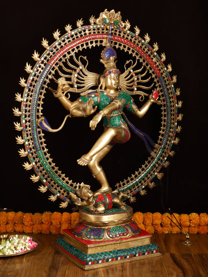 Large Handcrafted Superfine Brass Nataraja Statue by BudhShiv | 36" Tall | With Stonework