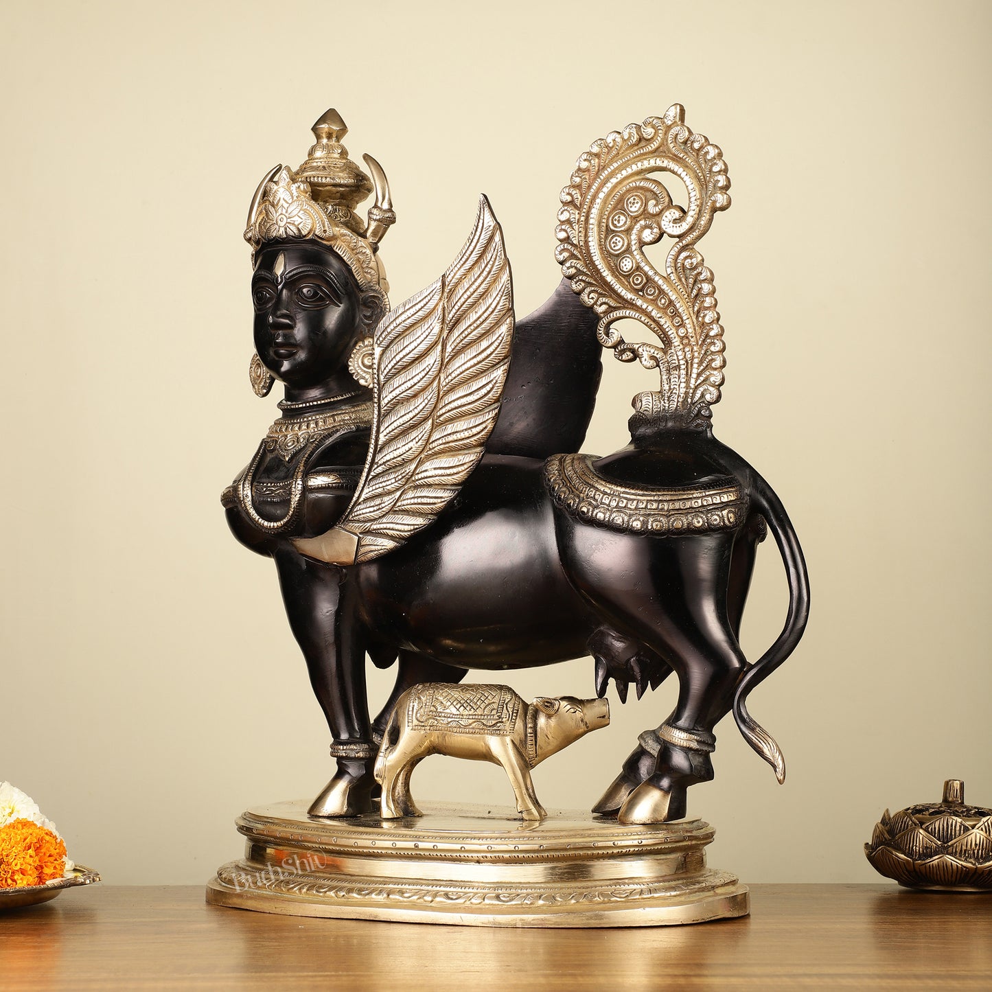 Brass Kamdhenu Cow with calf Statue | 16.5" Tall | Black edition