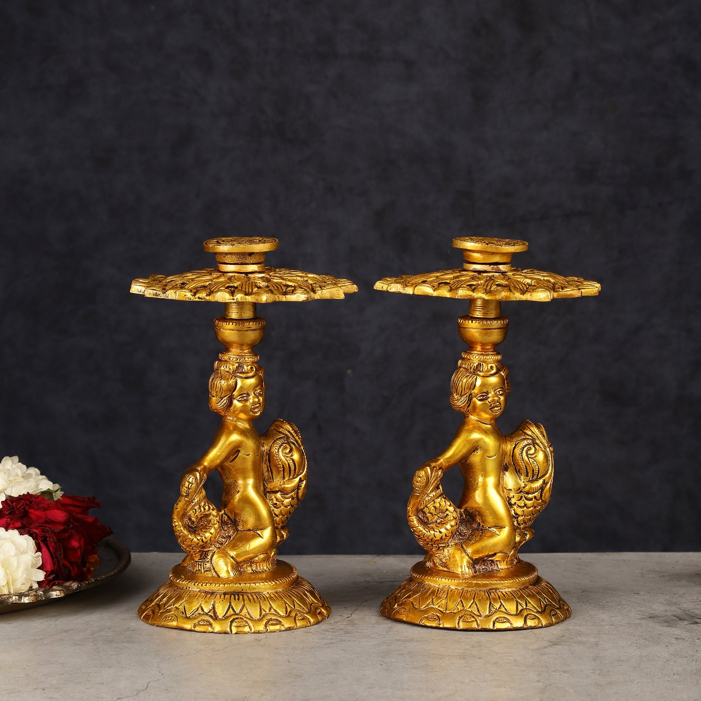 Brass Elegant Angel Table Showpiece Candle Holder 6" pair