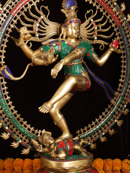 Large Handcrafted Superfine Brass Nataraja Statue by BudhShiv | 36" Tall | With Stonework