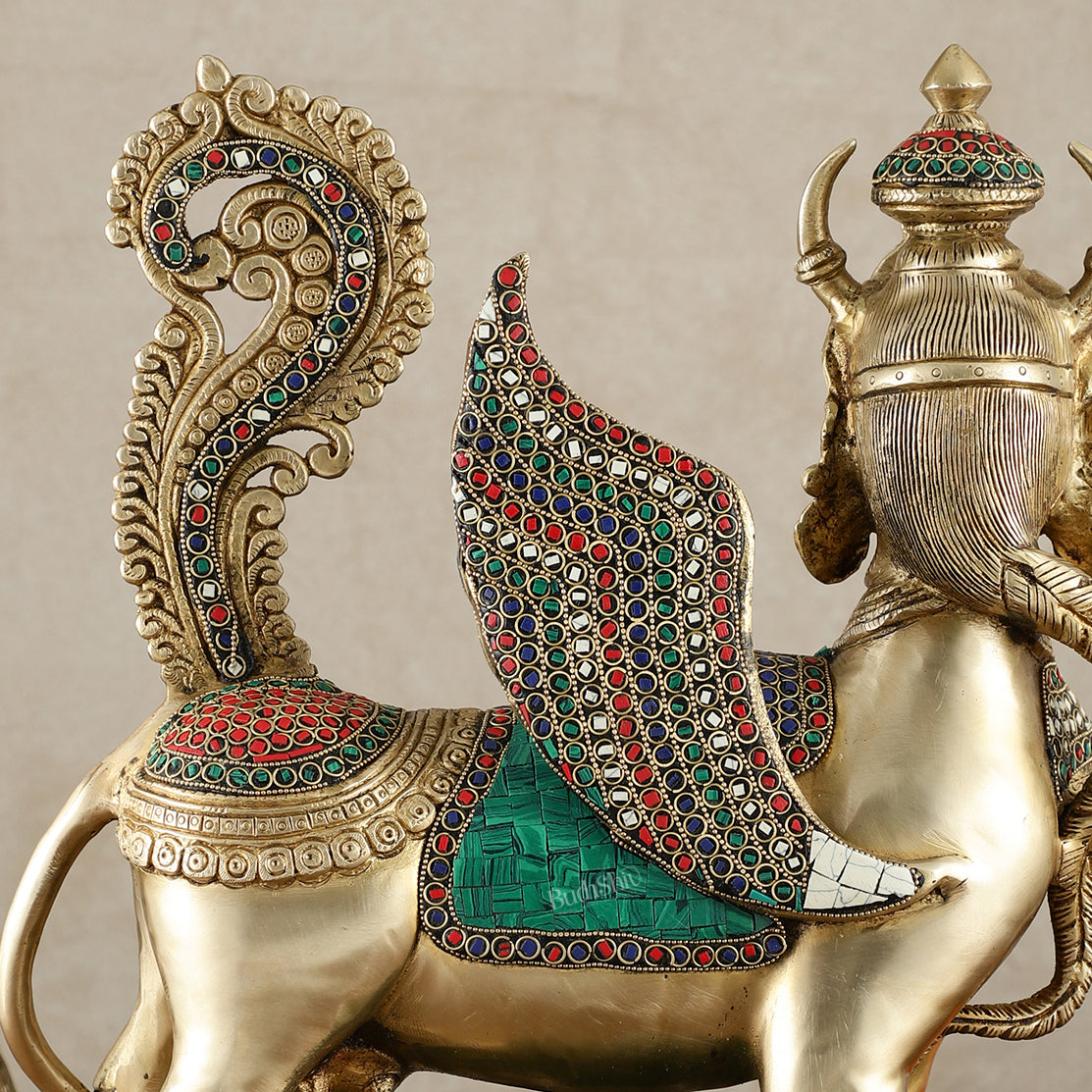 Exquisite Brass Bright Kamdhenu Cow with calf  Statue | 16.5"