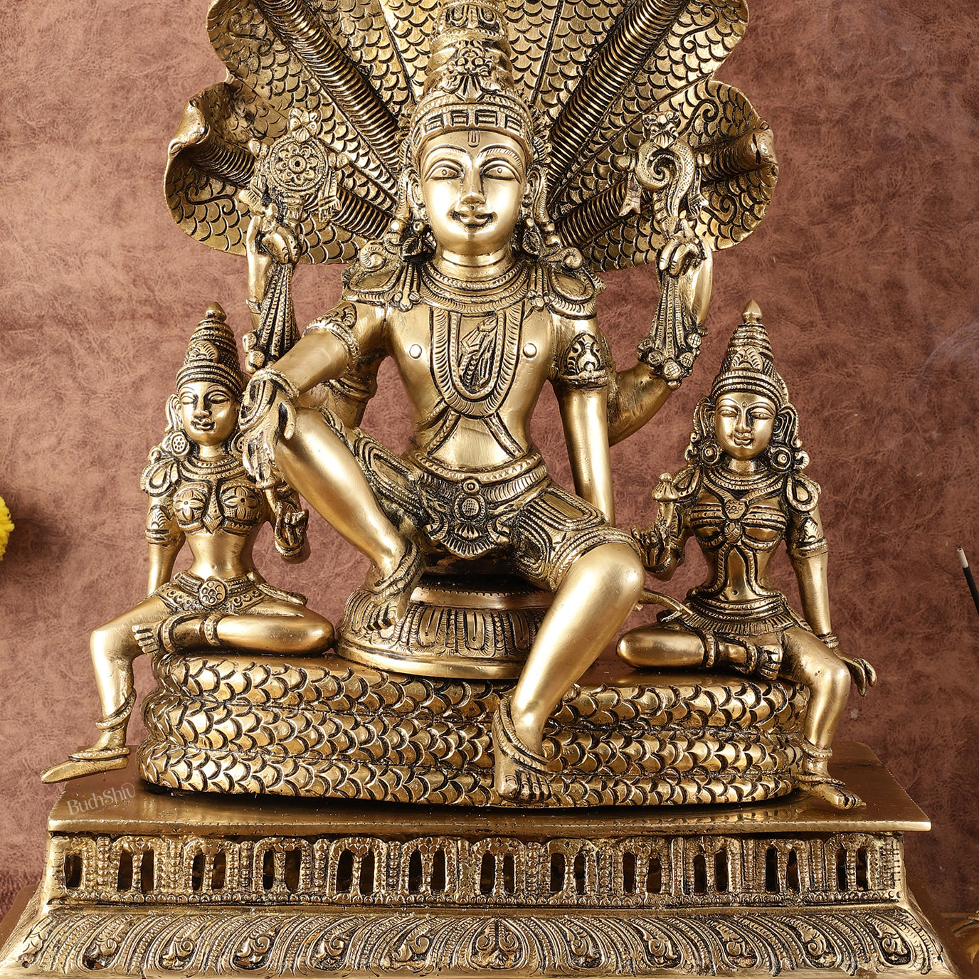 Majestic Superfine Brass Vishnu with Bhudevi and Sridevi Sitting Under Sheshanaaga - 20.5"