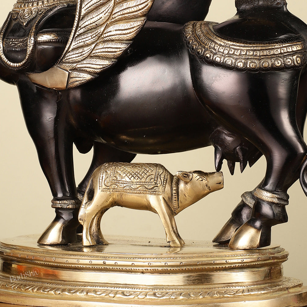 Brass Kamdhenu Cow with calf Statue | 16.5" Tall | Black edition