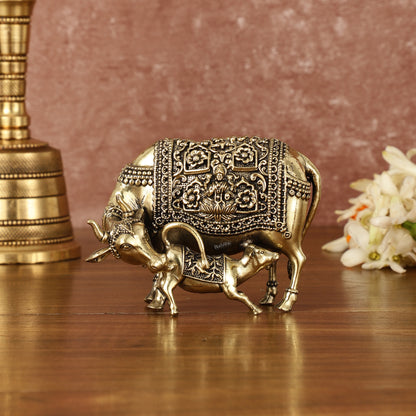 Intricate Small Brass Kamdhenu Cow with Calf Idol - 3.5" Tall