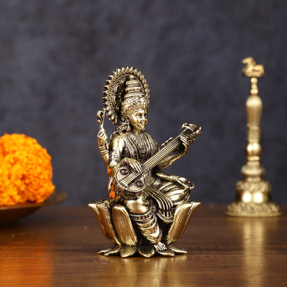 Brass Superfine Saraswati Idol - 4 Inch