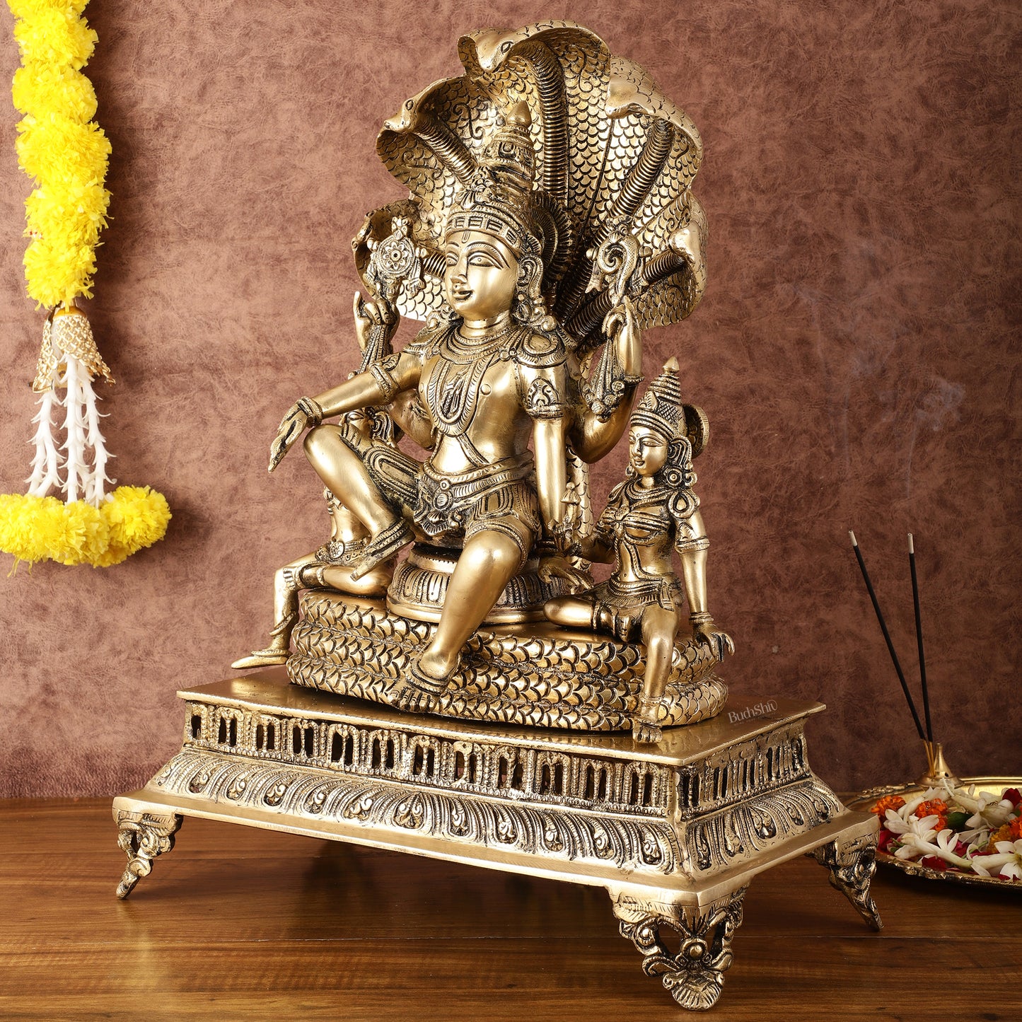 Majestic Superfine Brass Vishnu with Bhudevi and Sridevi Sitting Under Sheshanaaga - 20.5"