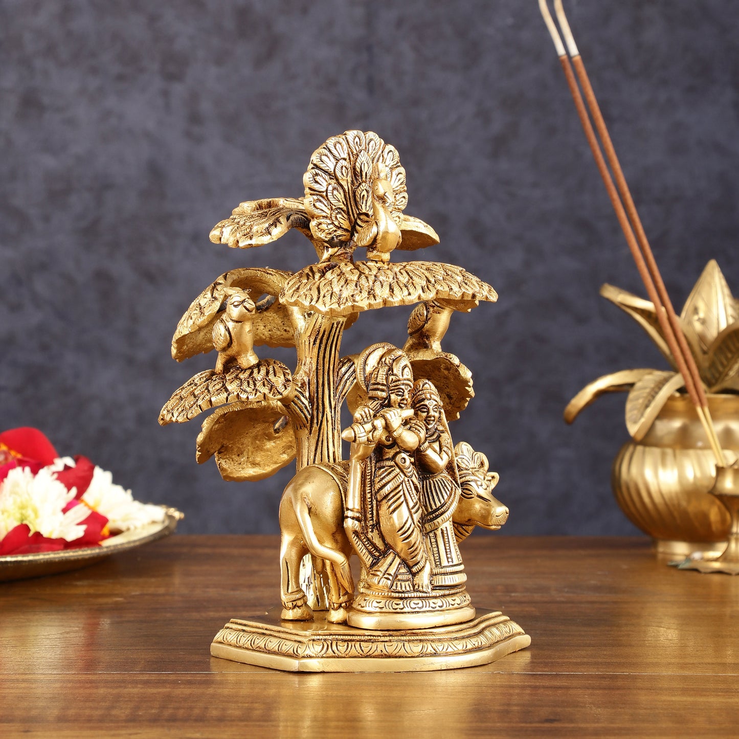 Pure Brass Radha Krishna with Cow Under Tree Idol - 7" Height