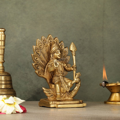 Antique Brass Superfine Kartikeya Lord Murugan Idol Seated on Peacock | Height 6 inch
