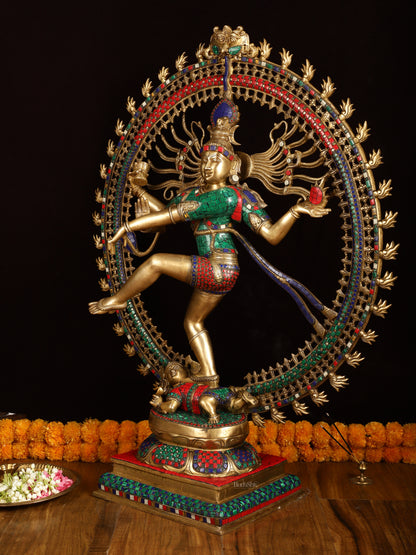 Large Handcrafted Superfine Brass Nataraja Statue by BudhShiv | 36" Tall | With Stonework