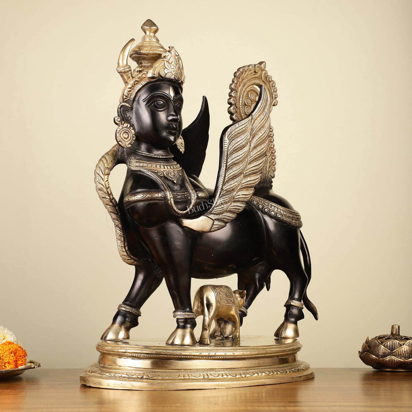 Brass Kamdhenu Cow with calf Statue | 16.5" Tall | Black edition