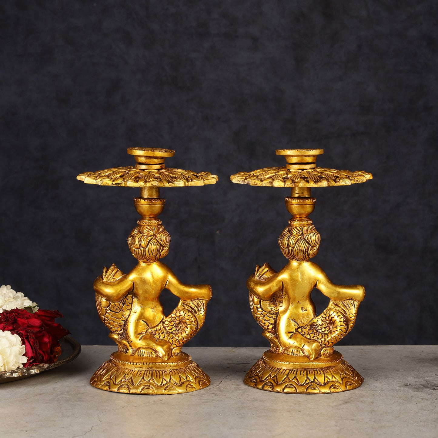 Brass Elegant Angel Table Showpiece Candle Holder 6" pair