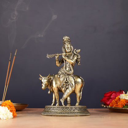 Superfine Brass Intricate Krishna with Cow idol - 7"