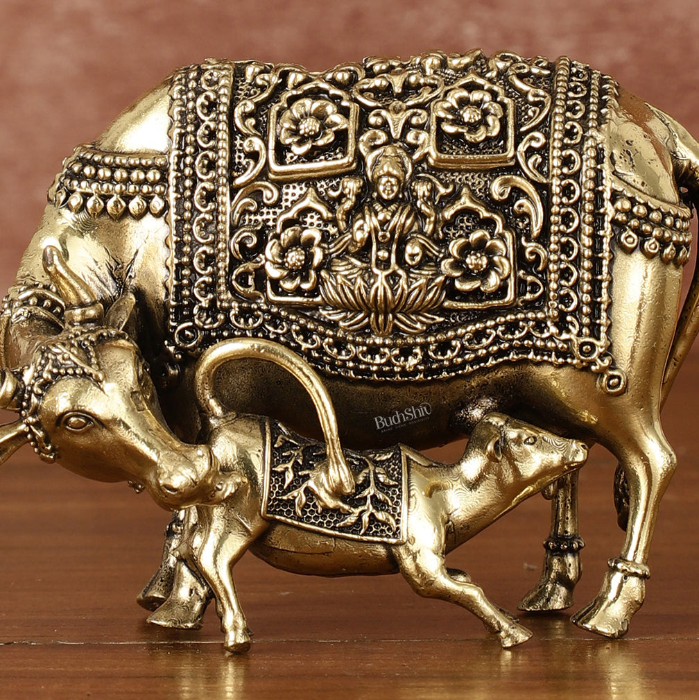 Intricate Small Brass Kamdhenu Cow with Calf Idol - 3.5" Tall