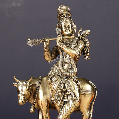 Superfine Brass Intricate Krishna with Cow idol - 7"