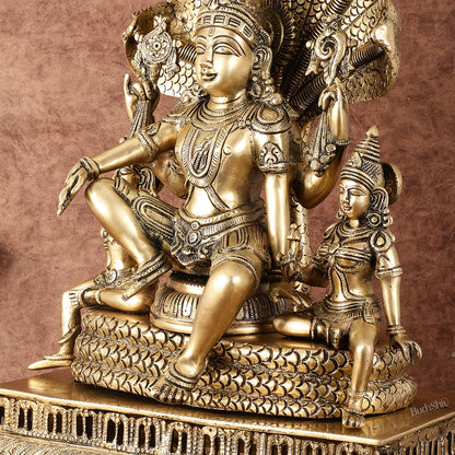 Majestic Superfine Brass Vishnu with Bhudevi and Sridevi Sitting Under Sheshanaaga - 20.5"