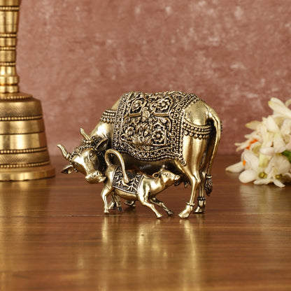 Intricate Small Brass Kamdhenu Cow with Calf Idol - 3.5" Tall