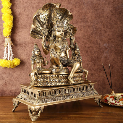 Majestic Superfine Brass Vishnu with Bhudevi and Sridevi Sitting Under Sheshanaaga - 20.5"