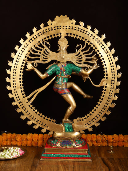 Large Handcrafted Superfine Brass Nataraja Statue by BudhShiv | 36" Tall | With Stonework