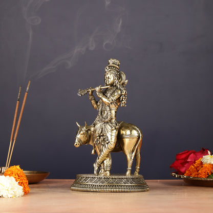 Superfine Brass Intricate Krishna with Cow idol - 7"