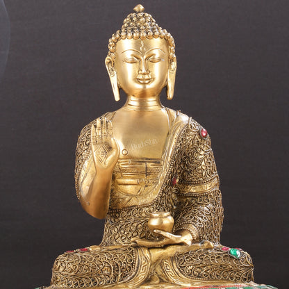 Brass Buddha Statue with Stonework | 12 inch