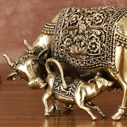 Intricate Small Brass Kamdhenu Cow with Calf Idol - 3.5" Tall