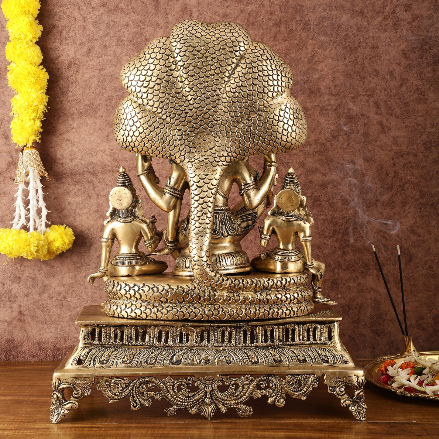 Majestic Superfine Brass Vishnu with Bhudevi and Sridevi Sitting Under Sheshanaaga - 20.5"