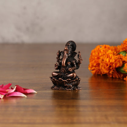 Small Pure Copper Ganapati on Lotus Idol | 2.5"