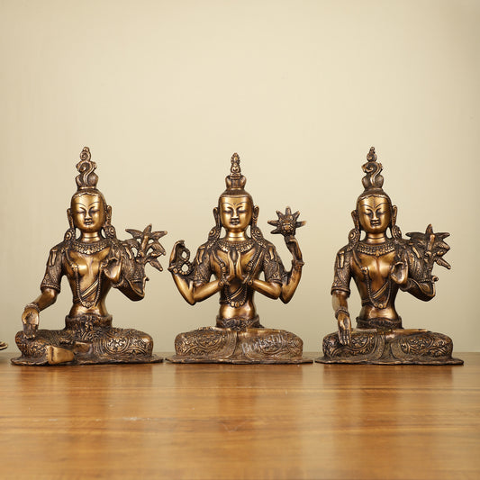 Set of 3 - White Tara, Green Tara and Chenrezig Brass Idols 10.5"