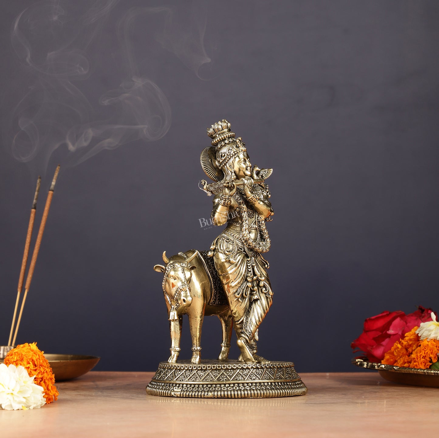 Superfine Brass Intricate Krishna with Cow idol - 7"