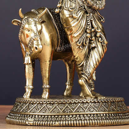 Superfine Brass Intricate Krishna with Cow idol - 7"