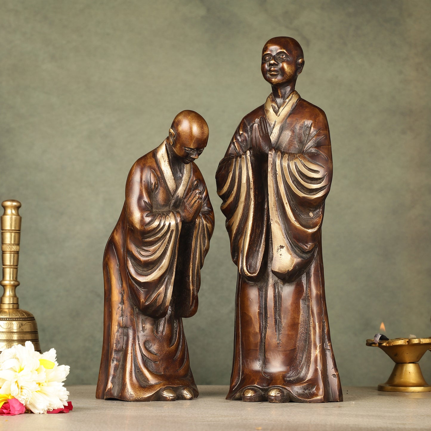 Pure Brass Peaceful Buddha Monk and Disciple Idol Set - 12 Inch