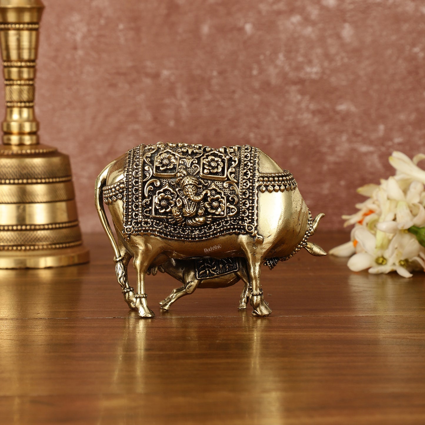 Intricate Small Brass Kamdhenu Cow with Calf Idol - 3.5" Tall