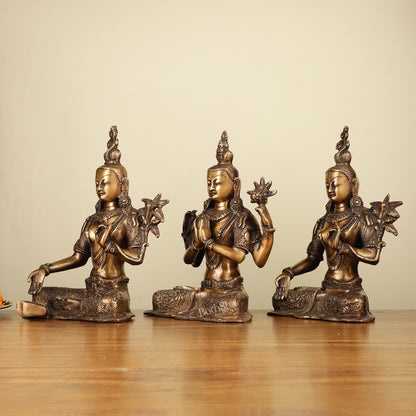 Set of 3 - White Tara, Green Tara and Chenrezig Brass Idols 10.5"