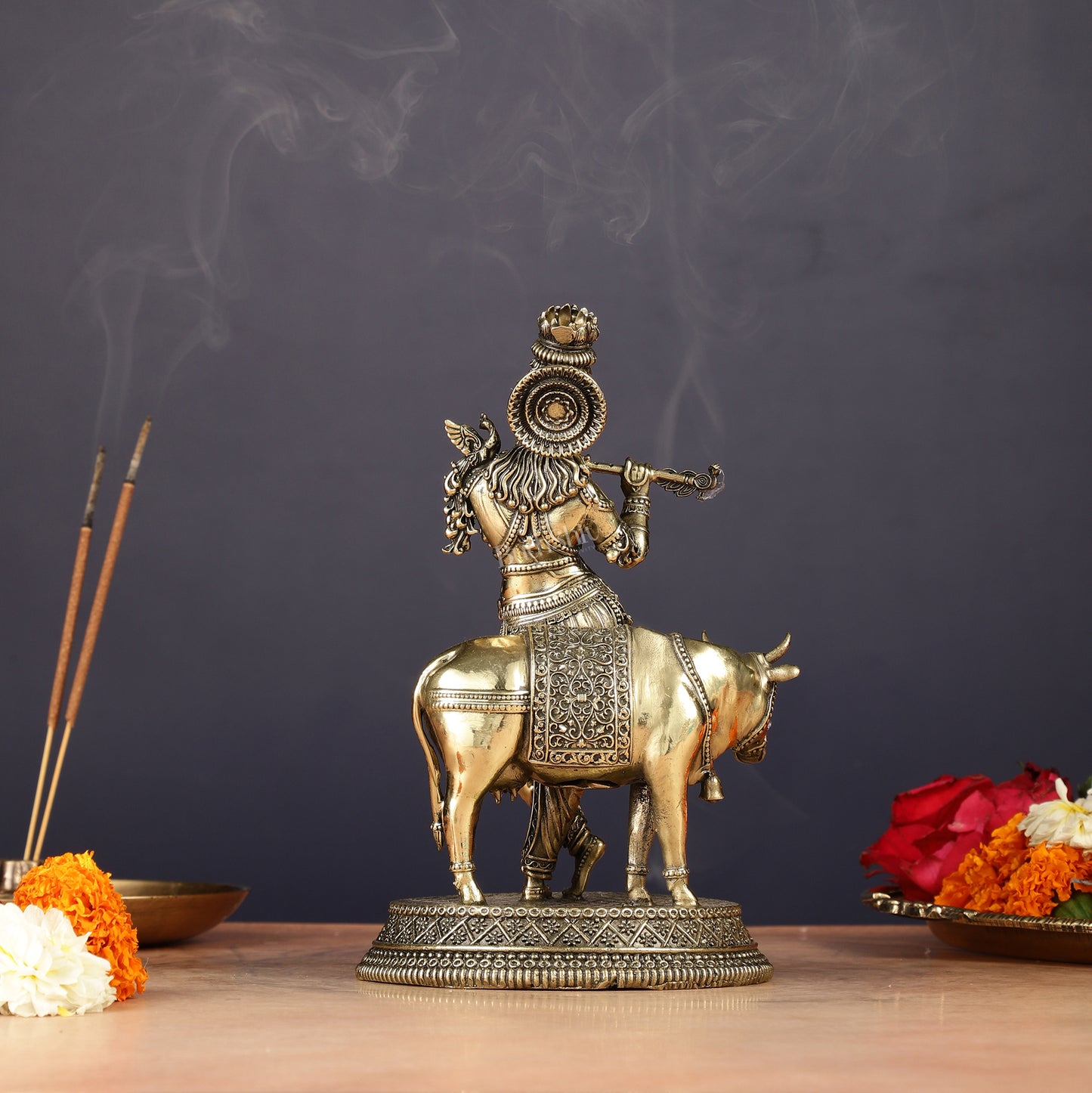 Superfine Brass Intricate Krishna with Cow idol - 7"