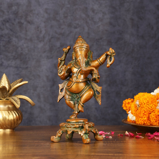 Brass Elegant Dancing Ganapati Statue - Vintage Bronze Finish, 8"