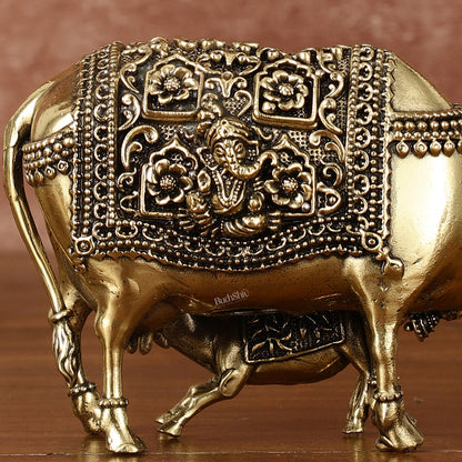 Intricate Small Brass Kamdhenu Cow with Calf Idol - 3.5" Tall