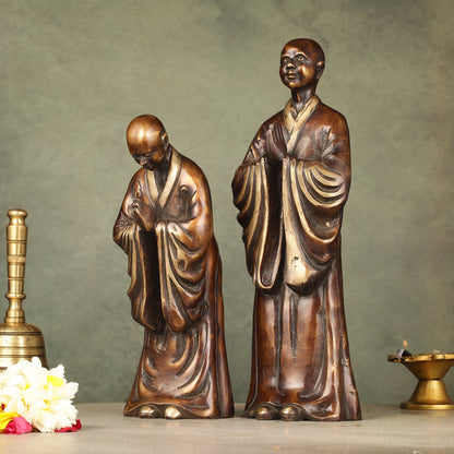 Pure Brass Peaceful Buddha Monk and Disciple Idol Set - 12 Inch