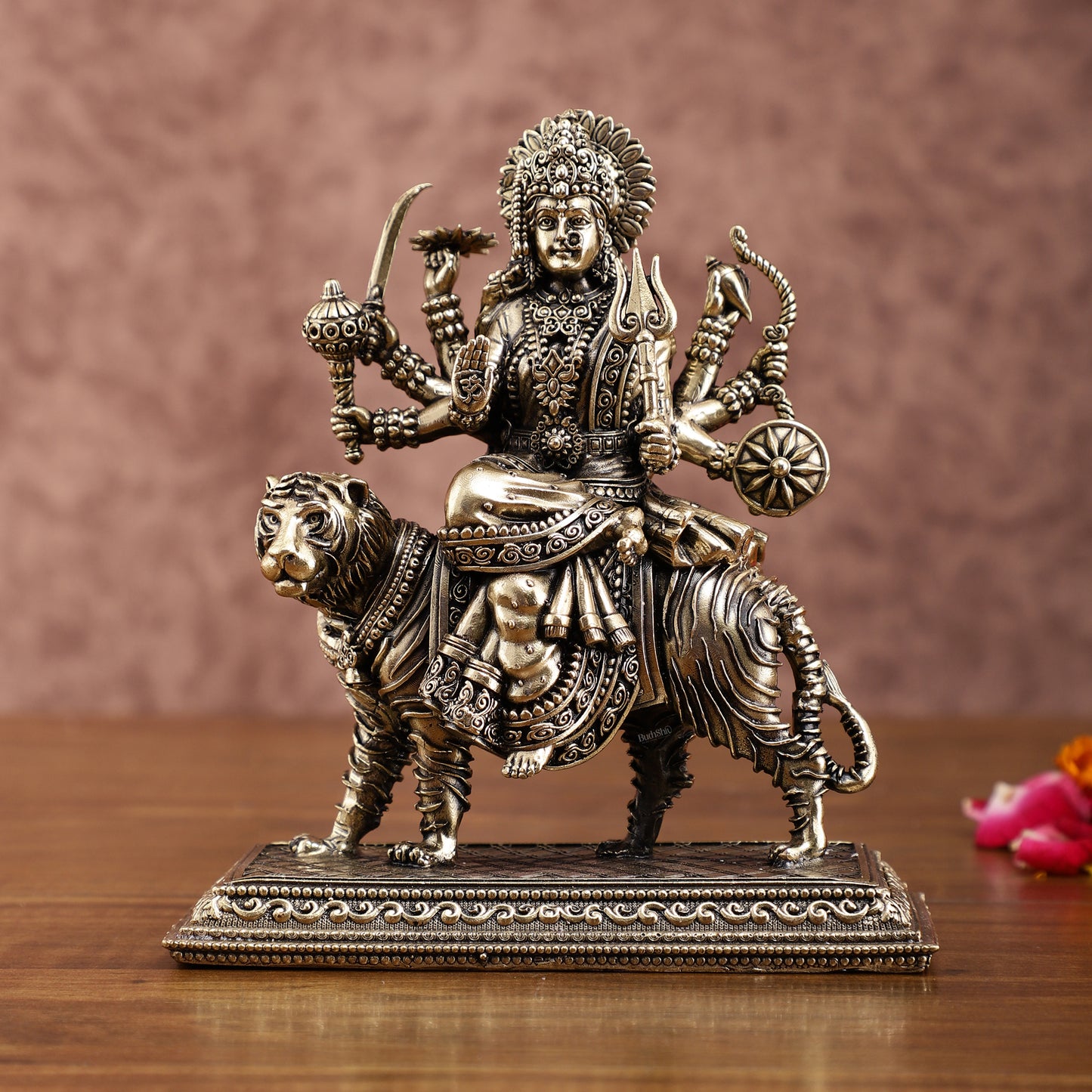 Brass Superfine Durga on Tiger Idol with Engraved Base – 7 Inches