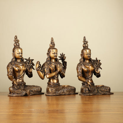 Set of 3 - White Tara, Green Tara and Chenrezig Brass Idols 10.5"