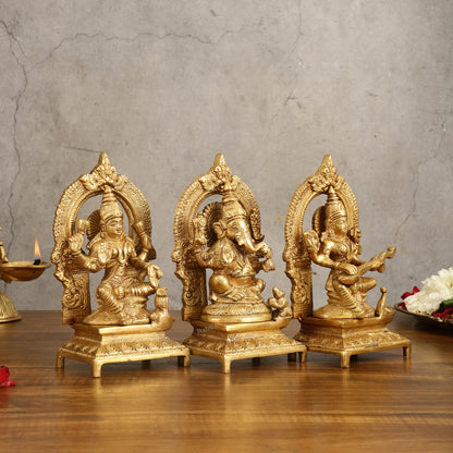 Brass Ganesha, Saraswati, Lakshmi 7.5"