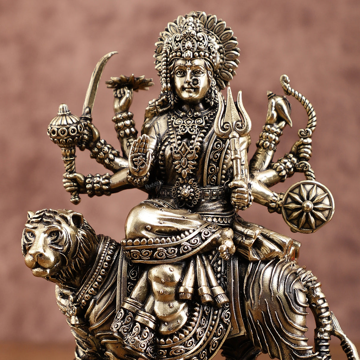 Brass Superfine Durga on Tiger Idol with Engraved Base – 7 Inches