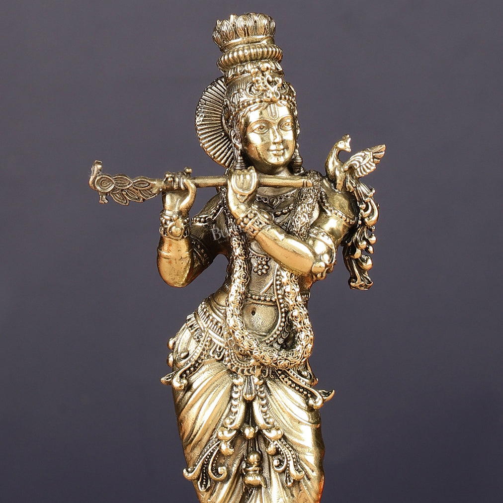 Intricate Pure Brass Lord Krishna Statue - 6.5"