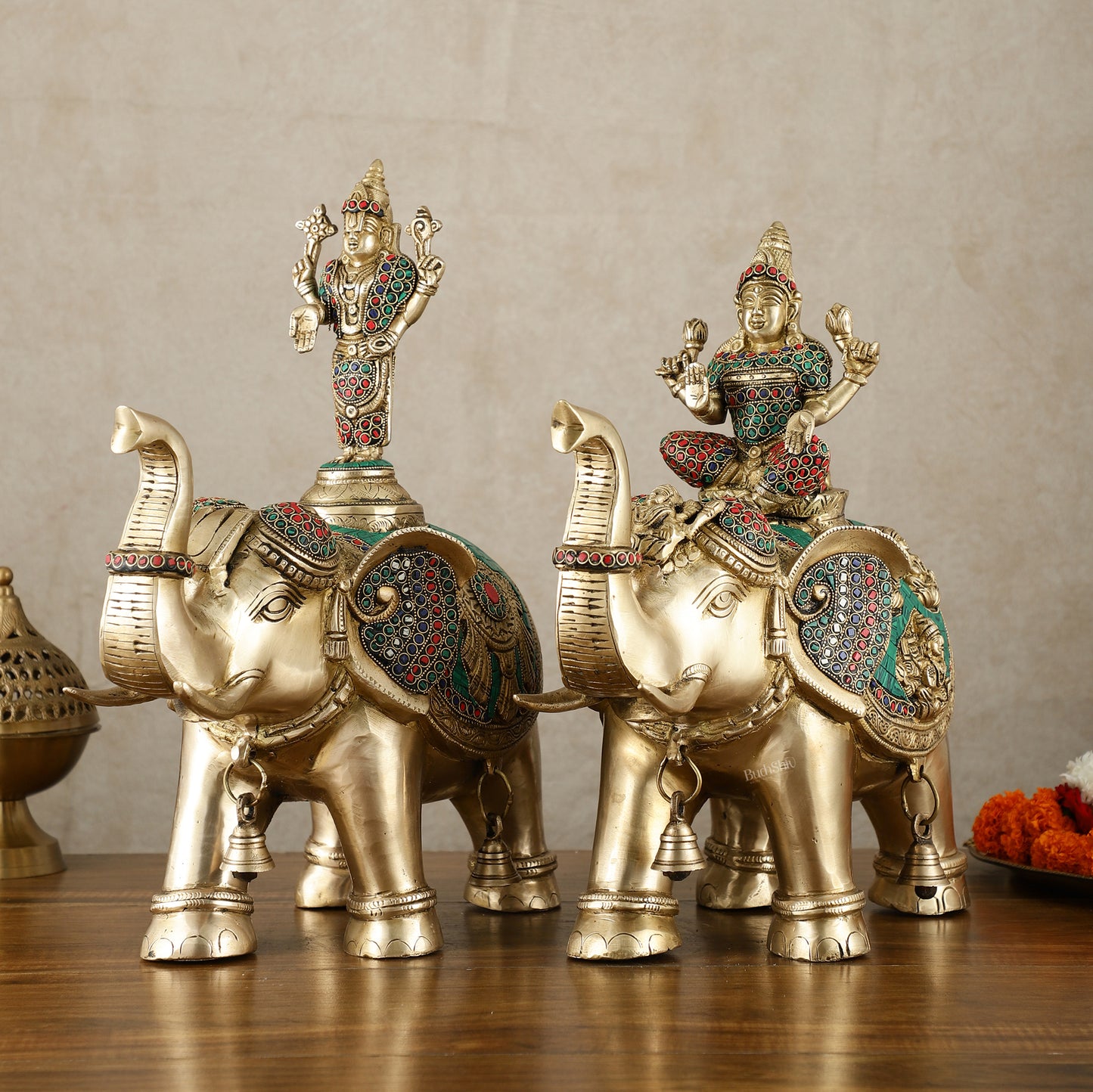 Brass Superfine Pair of Elephants with Goddess Lakshmi and Lord Tirupati Balaji Engravings - 15 Inch