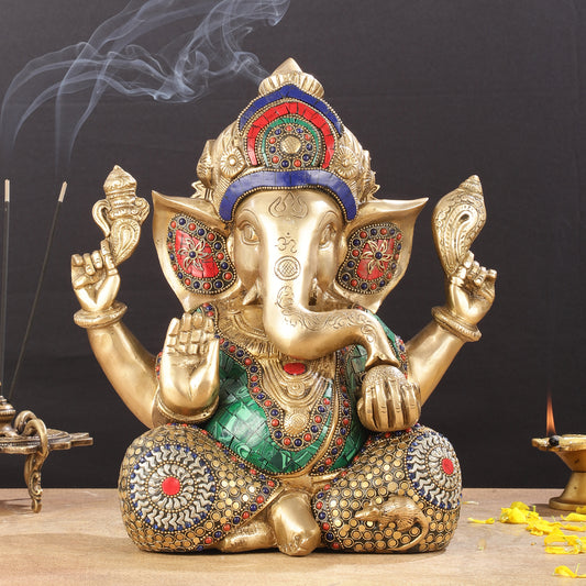 Ganapati Brass Idol with Intricate Stonework 12"