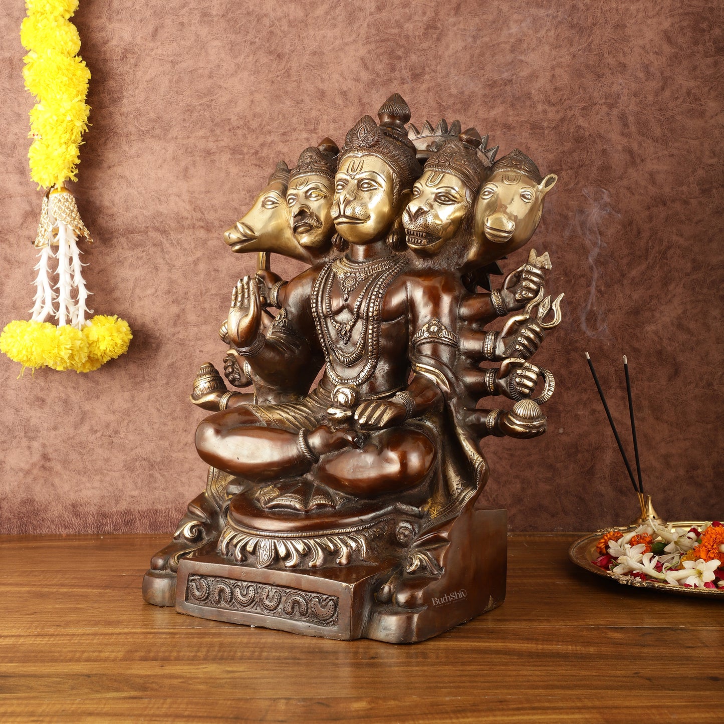 Superfine Handcrafted Brass Panchmukhi Hanuman Idol - Dual Tone Copper Gold - 17"